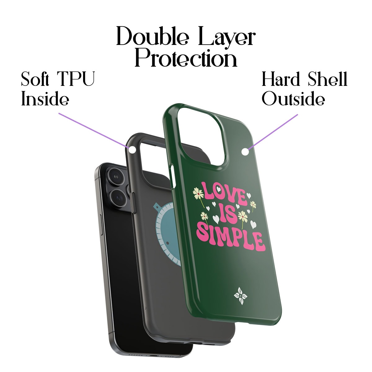 Bright green phone case with "Love is Simple" quote, floral design, soft TPU interior and hard shell exterior, designed for ultimate protection, compatible with iPhone models.