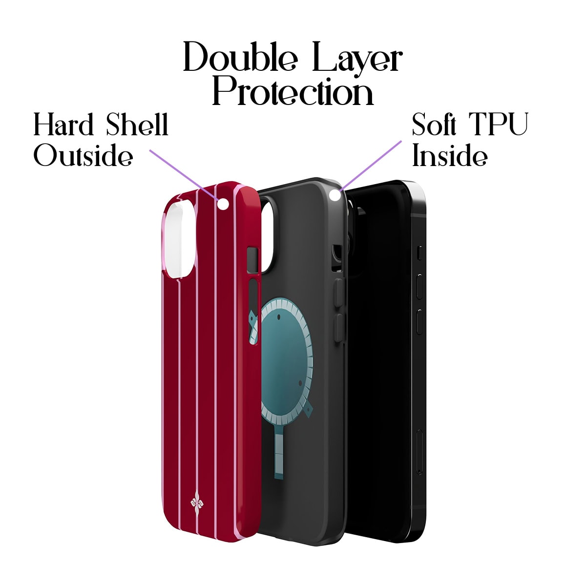 Bright red and black protective phone cases showcasing double-layer protection, hard shells outside and soft TPU inside, designed for iPhone durability and style.