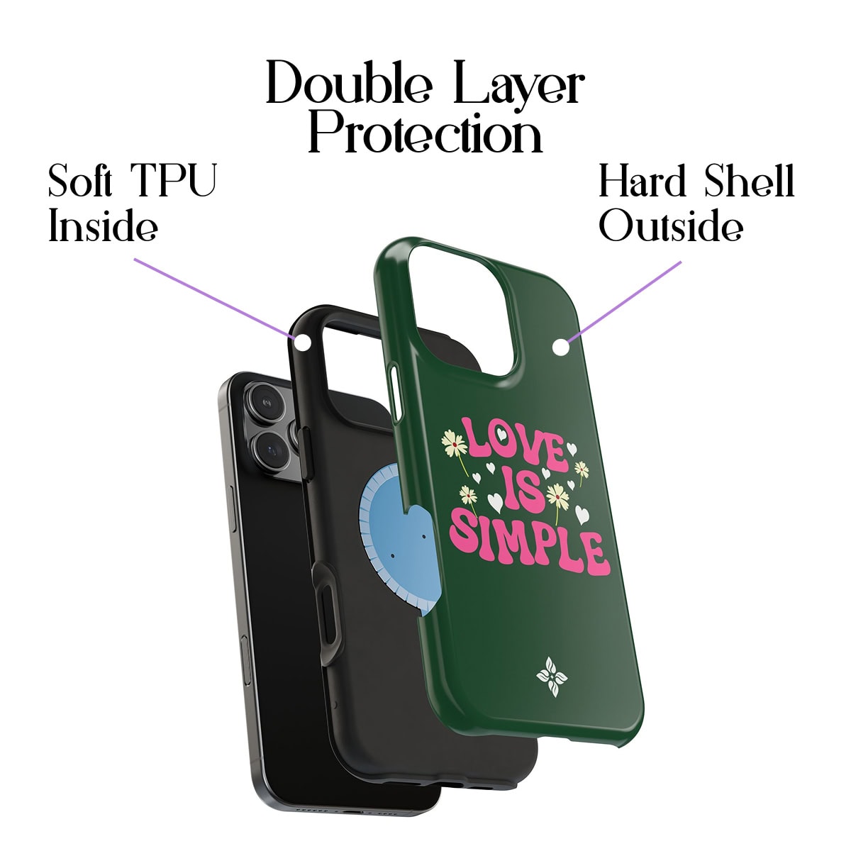 Bright green phone case with "Love is Simple" design, featuring flowers and hearts, made of soft TPU inside and a hard shell outside for double layer protection.