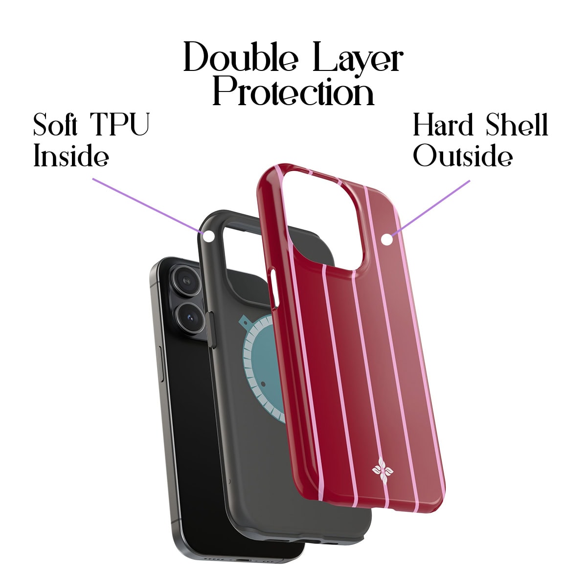 Protective iPhone case with double layer protection, soft TPU inside, and hard shell outside, featuring pink and white striped design for durability and style.