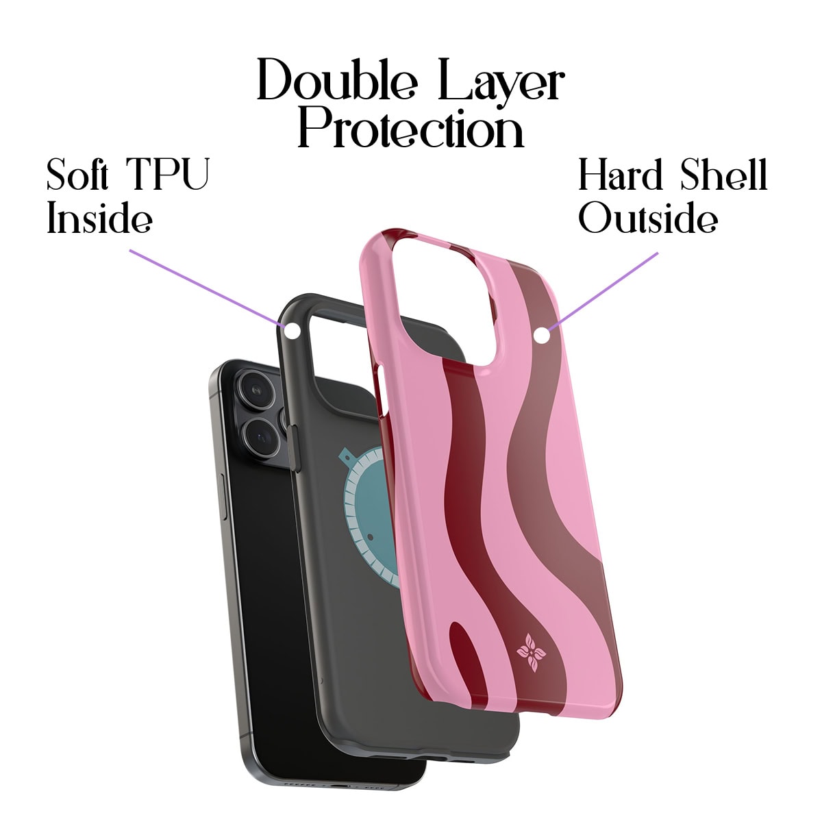 Flexible phone case with double layer protection, featuring soft TPU inside and durable hard shell outside, designed for iPhone models.