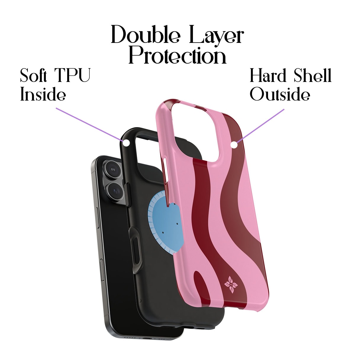 Flexible pink and red striped phone case with dual-layer protection, soft TPU inside, and hard shell outside for iPhone durability.