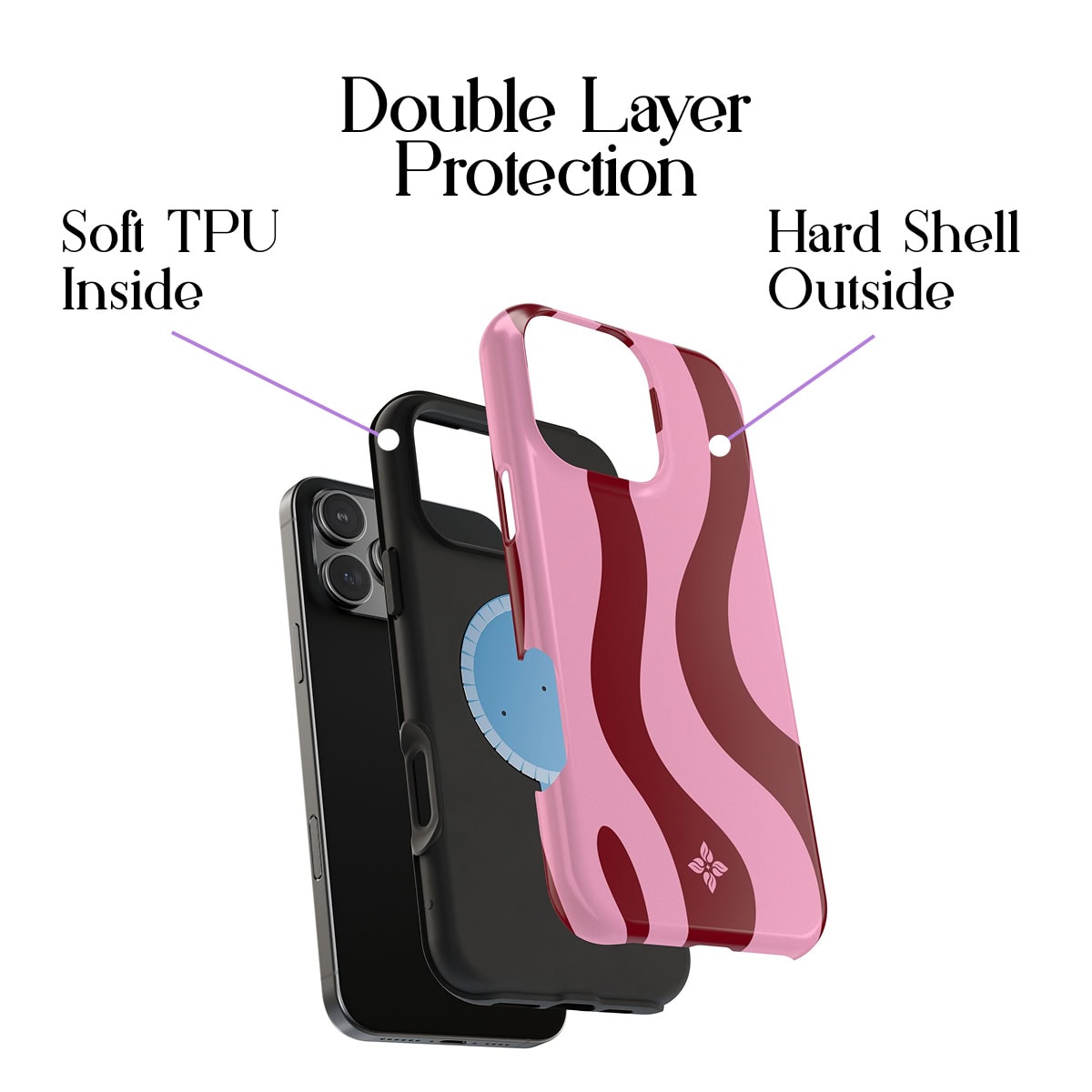 Light pink and brown striped phone case with double layer protection, soft TPU inside and hard shell outside for iPhone.