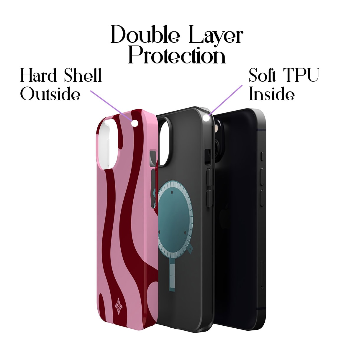 Stylish phone cases with double-layer protection, featuring a hard shell outside and soft TPU inside, designed for iPhones to prevent damage and enhance durability.