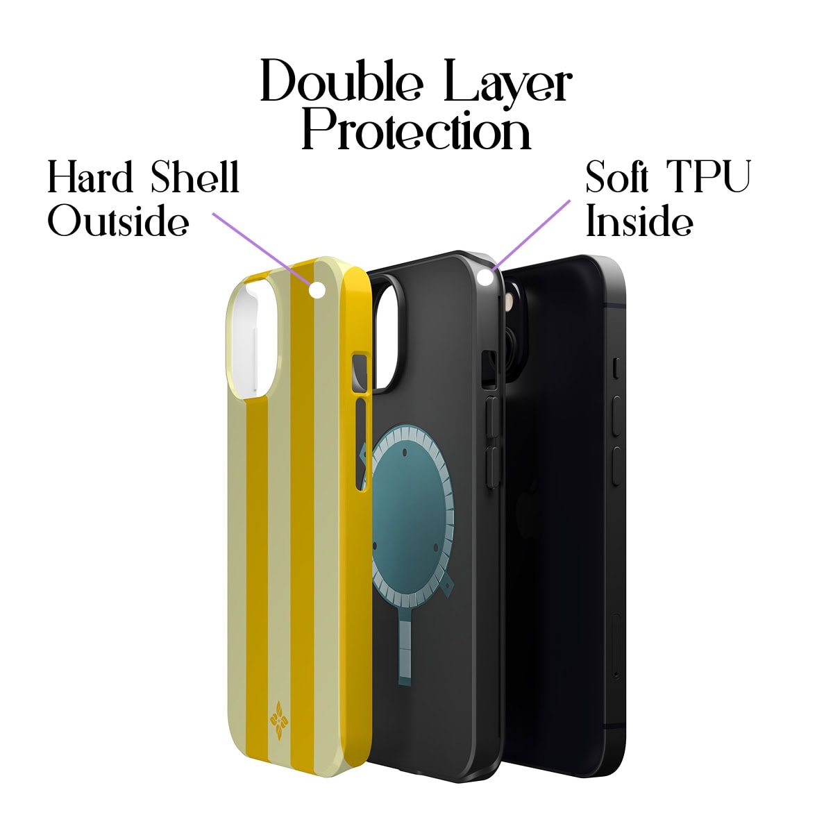 Yellow and black protective phone cases with double layer protection, hard shell outside and soft TPU inside, designed for iPhone models for durability and style.