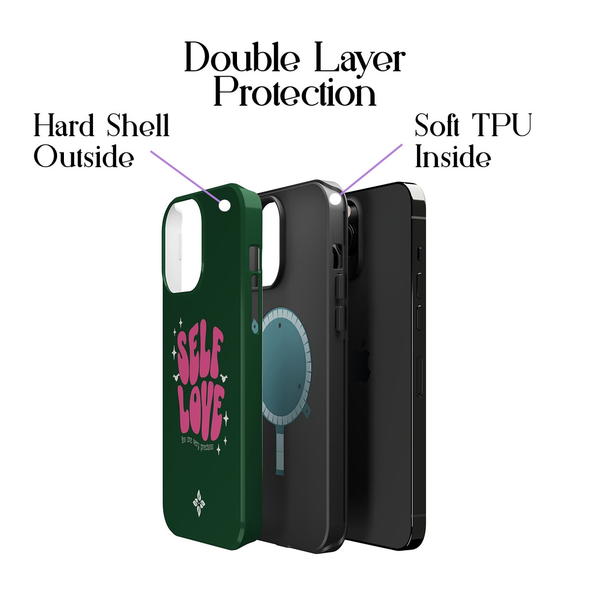 Stylish phone case with double layer protection design, featuring a hard shell outside and soft TPU inside for durability and shock absorption. Perfect for iPhone protection.