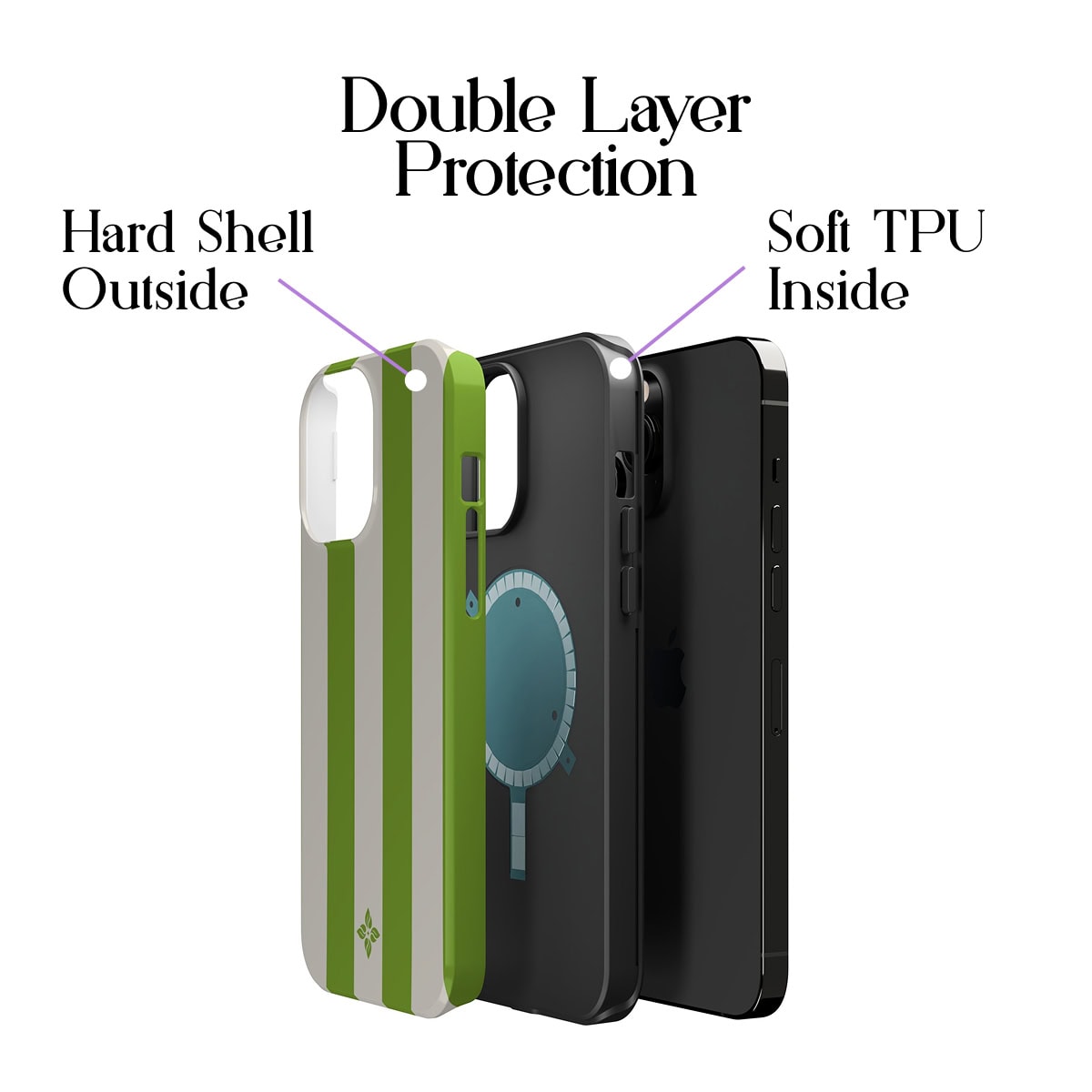 Enhanced protective iPhone case with double layer design, hard shell outside and soft TPU inside for maximum shock absorption and durability. Perfect for everyday use and maximum device protection.