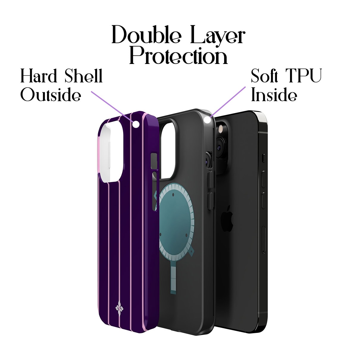 Flexible protective phone case with double-layer design, hard exterior shell and soft TPU inner layer, compatible with iPhone models for durable and stylish protection.