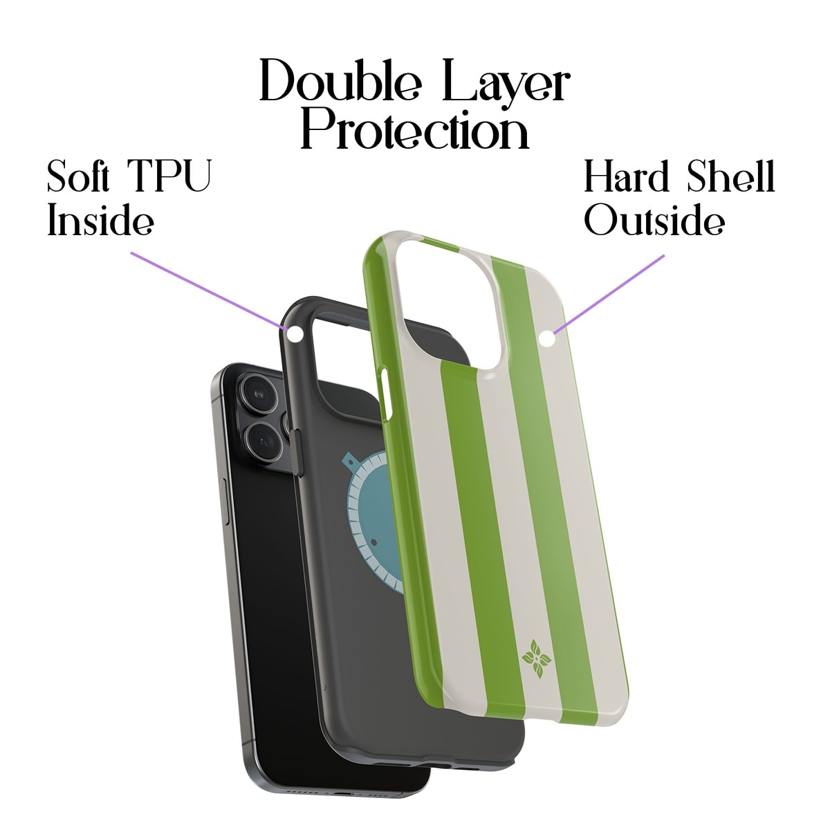 Flexible green and white phone case with double layer protection featuring soft TPU inside and hard shell outside, designed for iPhones.