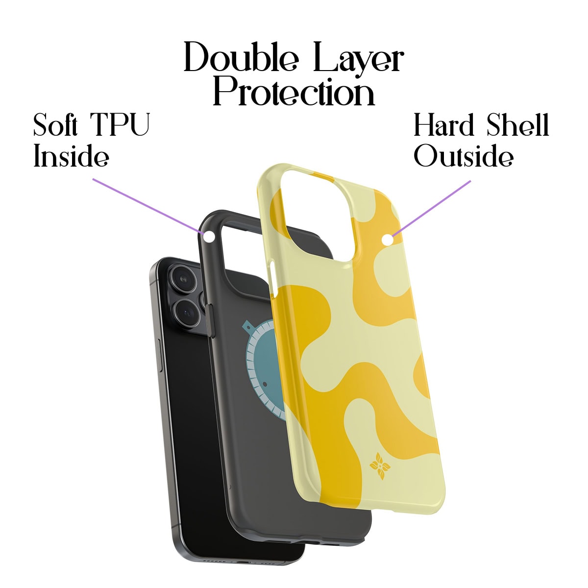 Flexible, colorful phone case with dual-layer protection, soft TPU interior, and hard shell exterior designed for iPhone models, combining style and durability.
