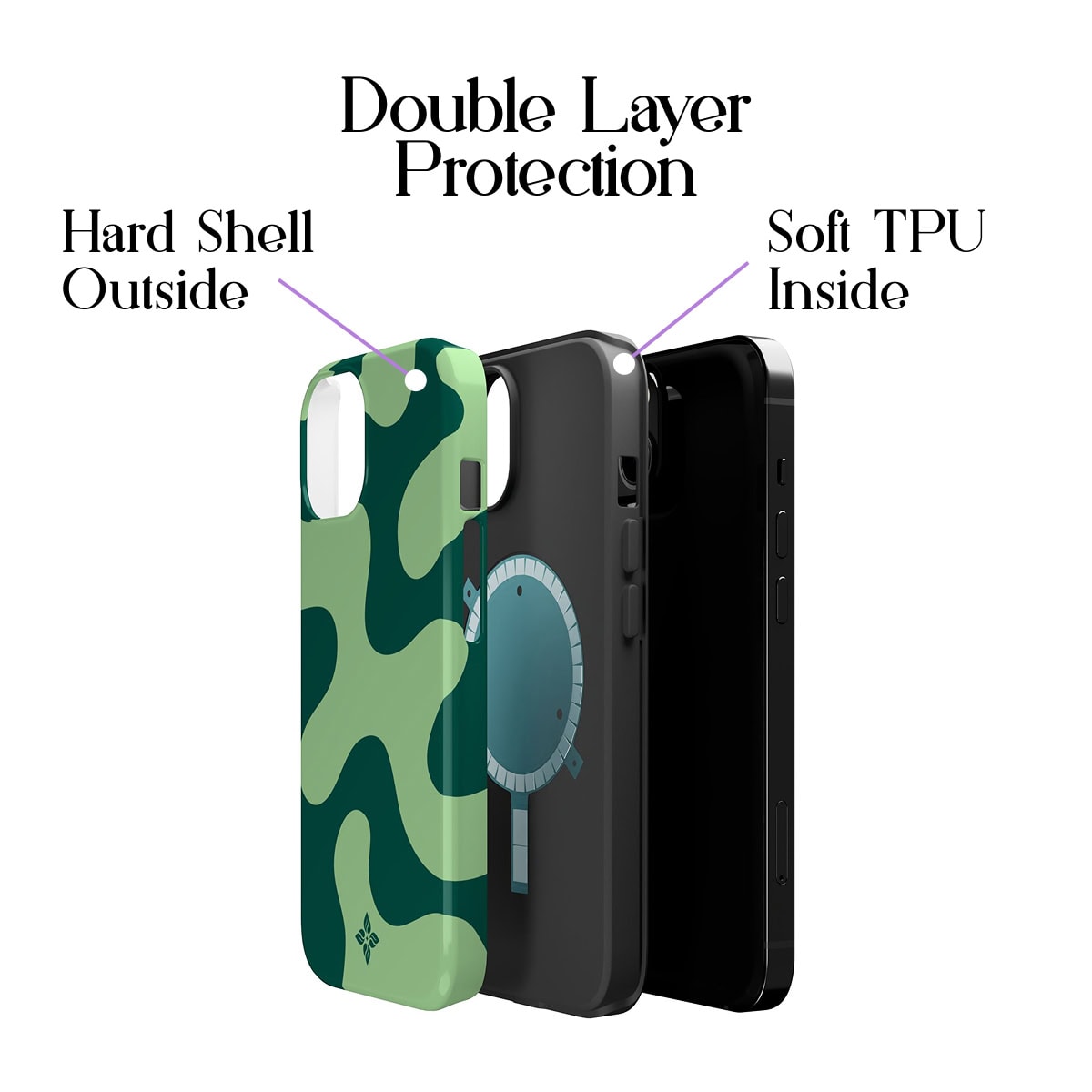 Camo protective phone case with dual-layer design, hard shell outside, soft TPU inside, specifically made for iPhone, combining durability and protection for your device.