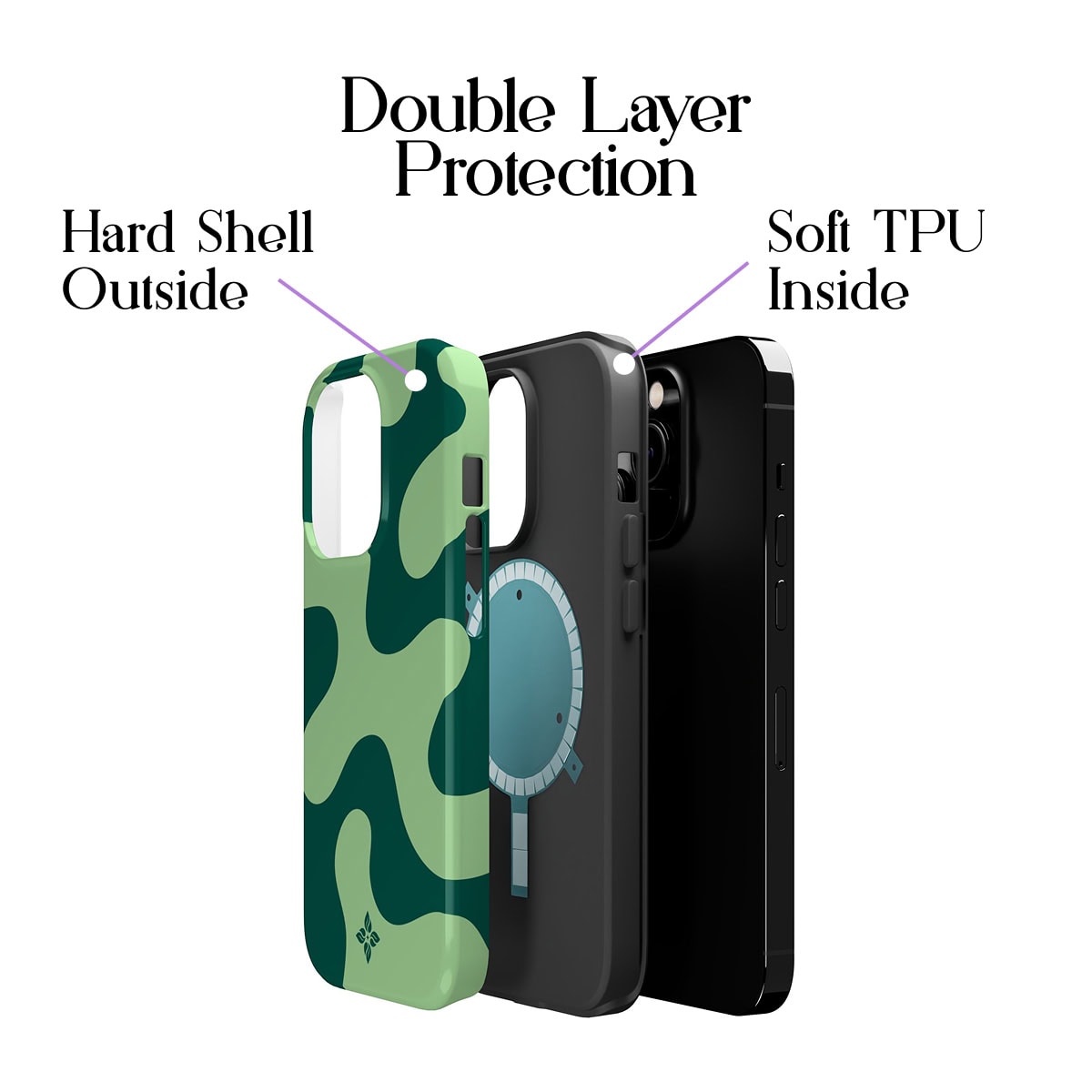 Camo protective phone case with hard shell outside and soft TPU inside, designed for iPhone durability and protection.