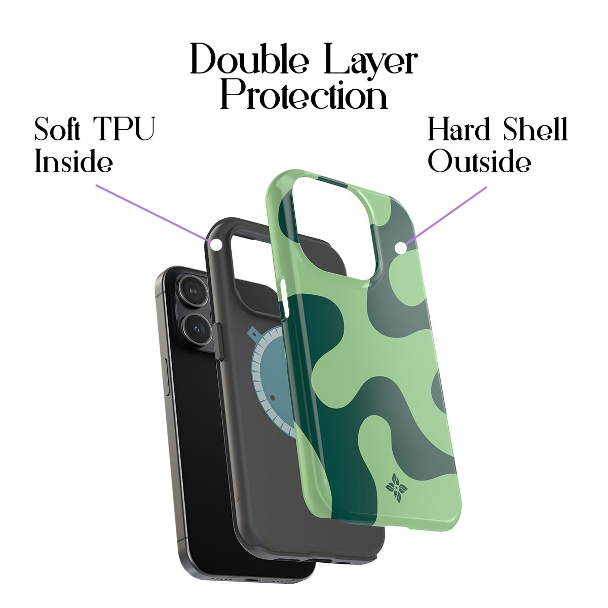 Soft TPU inner layer with hard shell outside for maximum phone protection, featuring a stylish camouflage design by Florayn. Ideal for durable and fashionable smartphone cases.