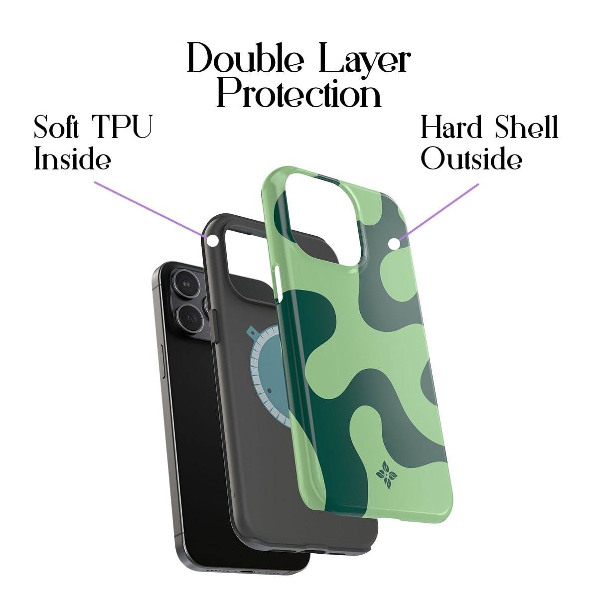 Flexible plastic phone case with double layer protection, soft TPU inside and hard shell outside, designed for durability and protection.