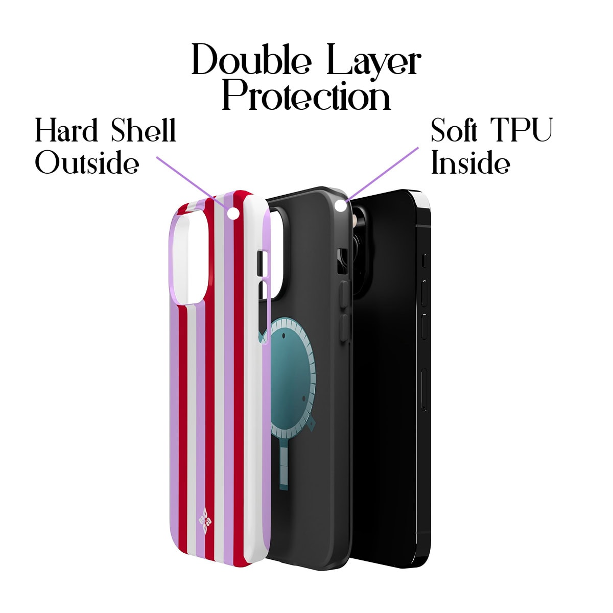 Colorful phone case with striped design and double-layer protection, featuring a hard shell exterior and soft TPU interior, designed for iPhone durability and style.