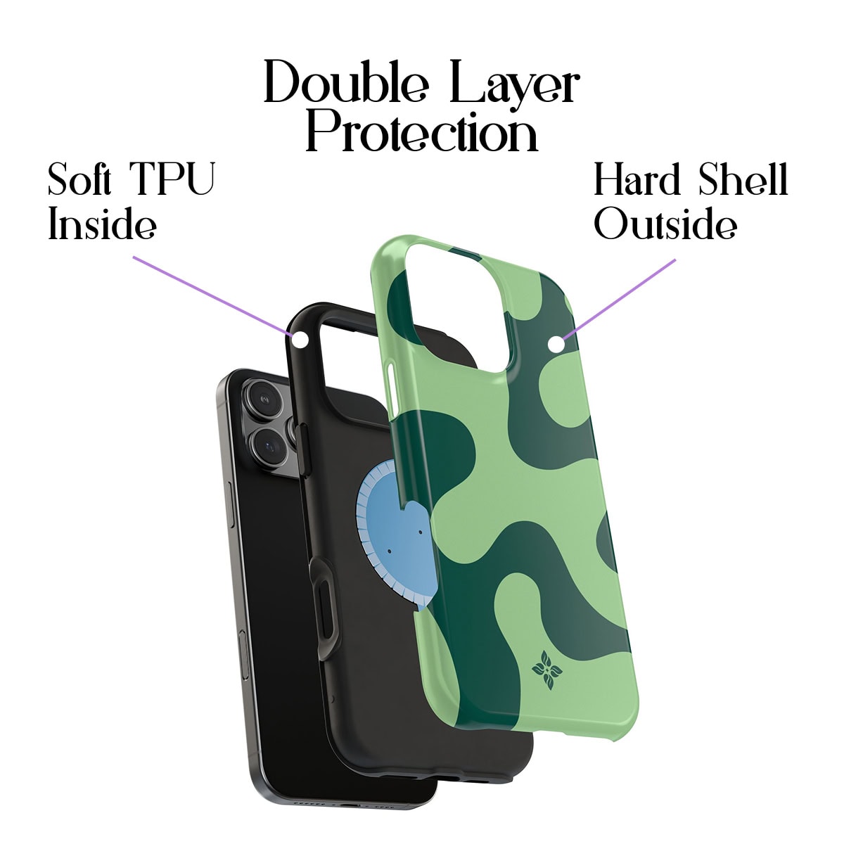 Flexible phone case with double-layer protection, soft TPU inner layer, and hard shell outer layer for durability and shock absorption. Suitable for iPhone models, combining style and safety.