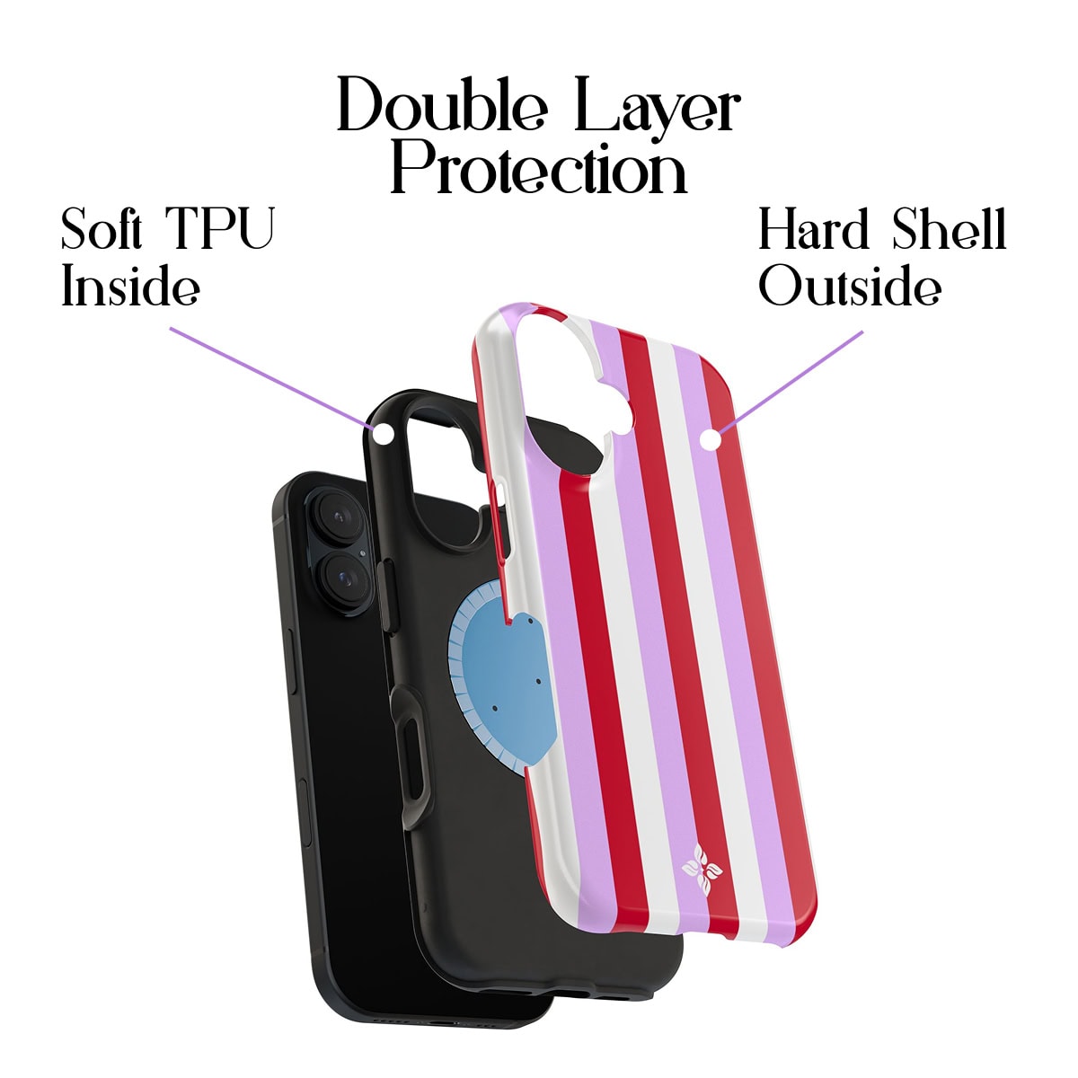 Bright, colorful phone case with red, pink, and white stripes, designed for iPhone protection, featuring double-layer protection with soft TPU inside and a hard shell outside for durability.