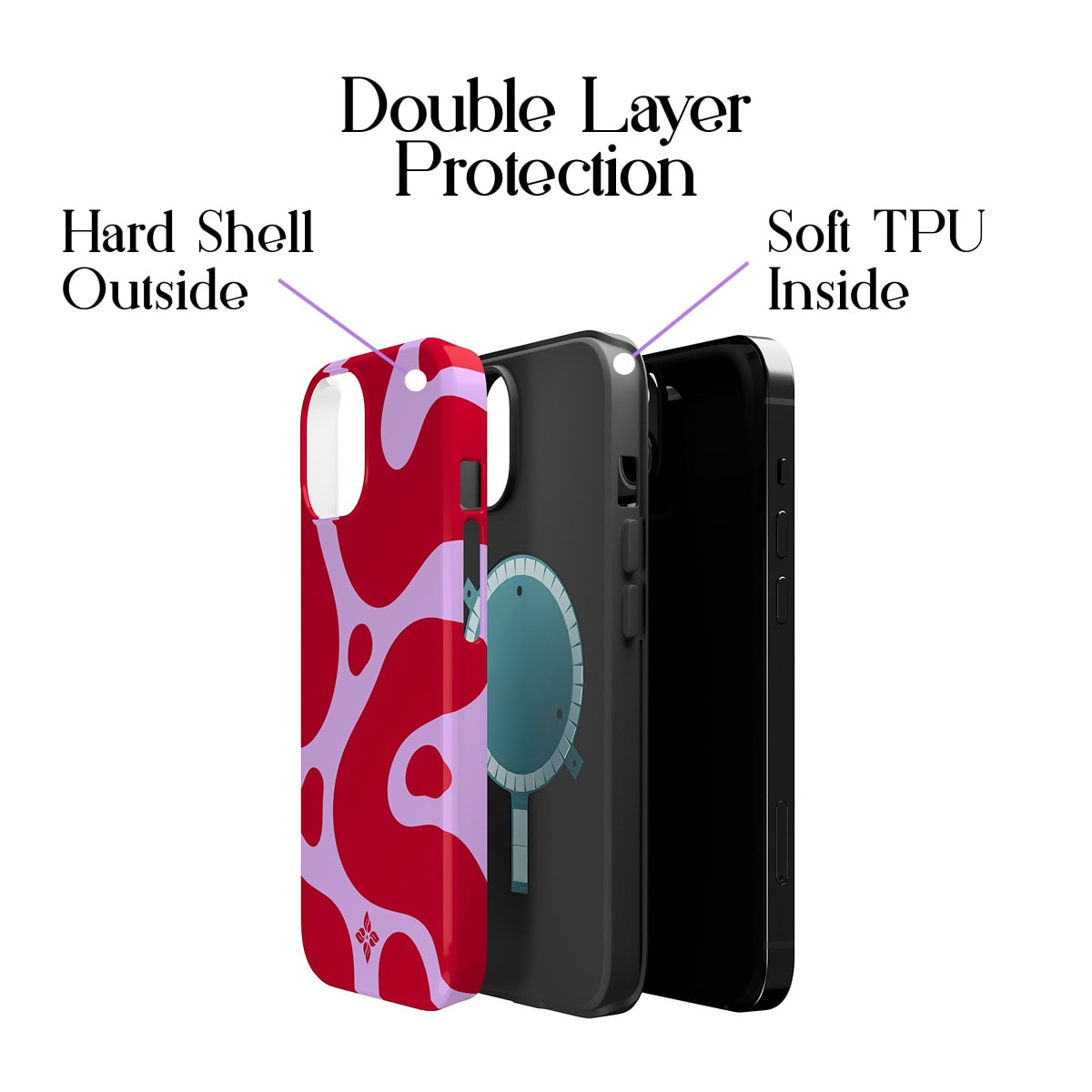 Vibrant red and purple floral patterned phone case with hard shell exterior and soft TPU interior, designed for dual-layer protection on iPhone models.
