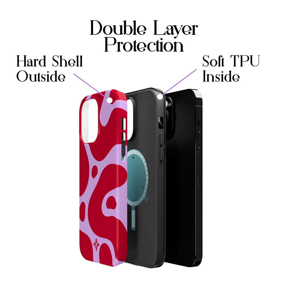 Flexible phone case with double-layer protection, hard shell outside, soft TPU inside, designed for durability and shock absorption for smartphones.