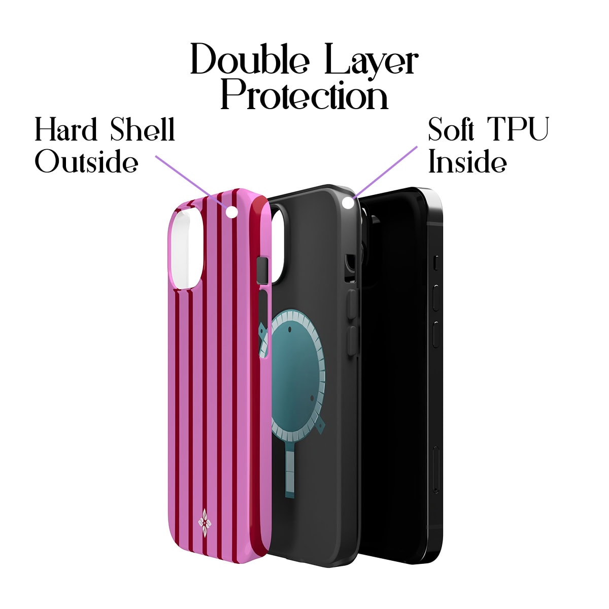 Vibrant pink striped phone case with durable hard shell outside and soft TPU inside for enhanced protection. Suitable for iPhone models, combining style and durability for everyday use.