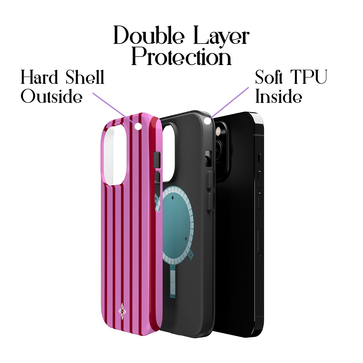 Sturdy pink and white striped phone case with hard exterior shell and soft TPU interior for iPhone protection.