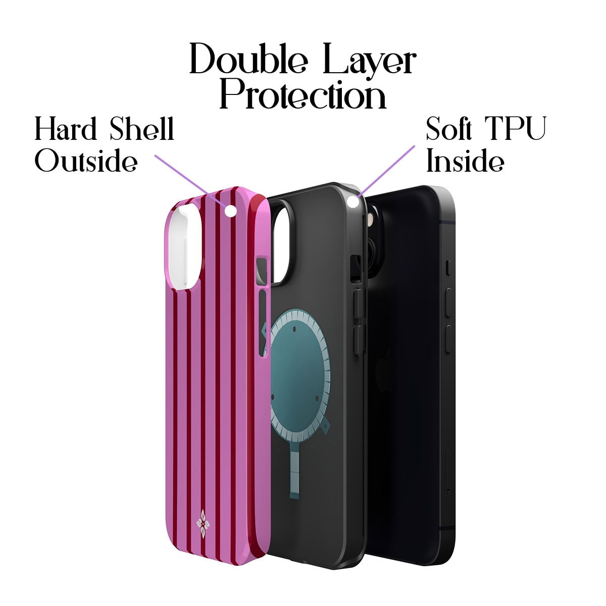 Pink and black iPhone cases showcasing double-layer protection with a hard shell exterior and soft TPU interior for durable, stylish mobile device protection.