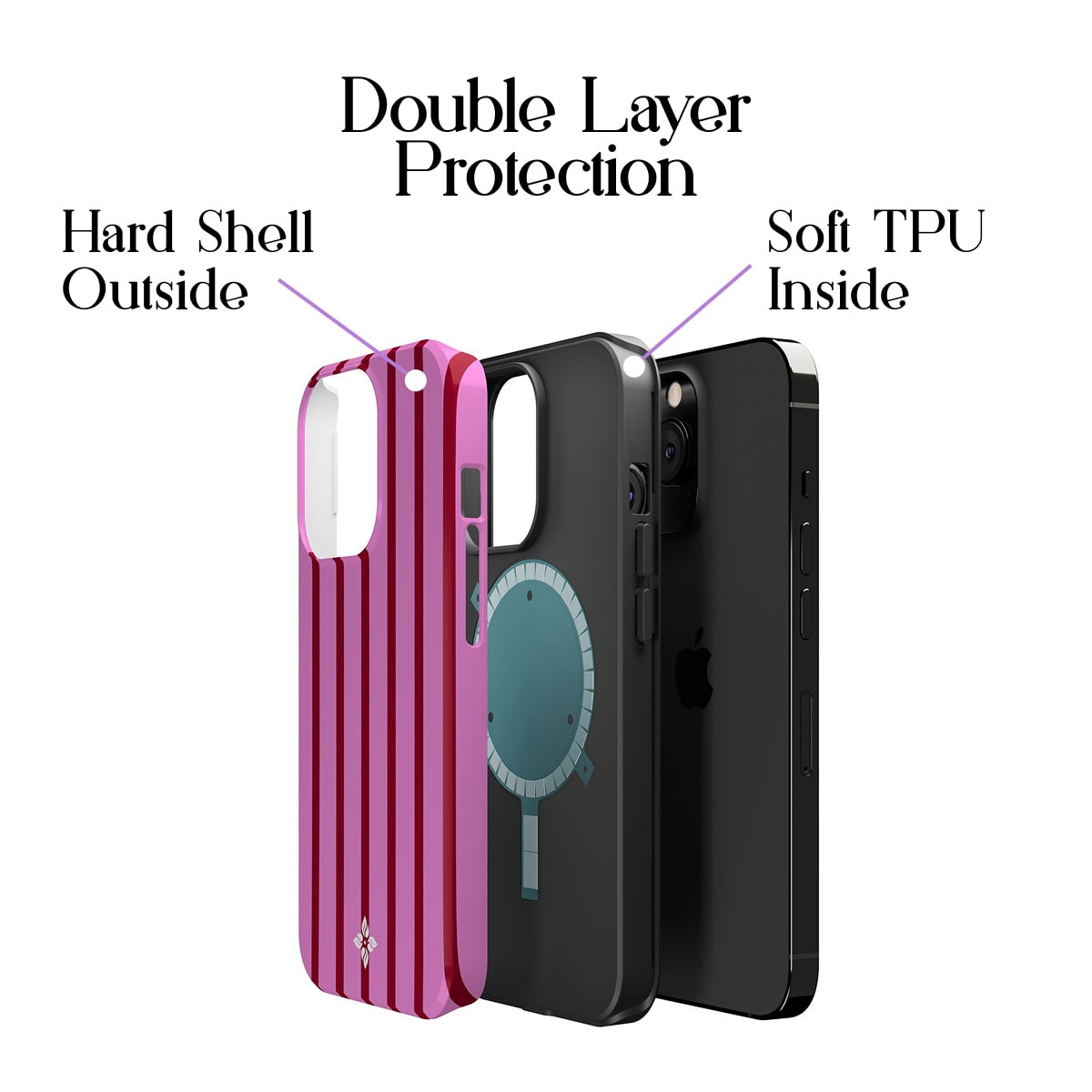 Pink striped phone case with double-layer protection, hard shell outside and soft TPU inside, designed for iPhone models. Safeguards your device with durable materials and stylish design.