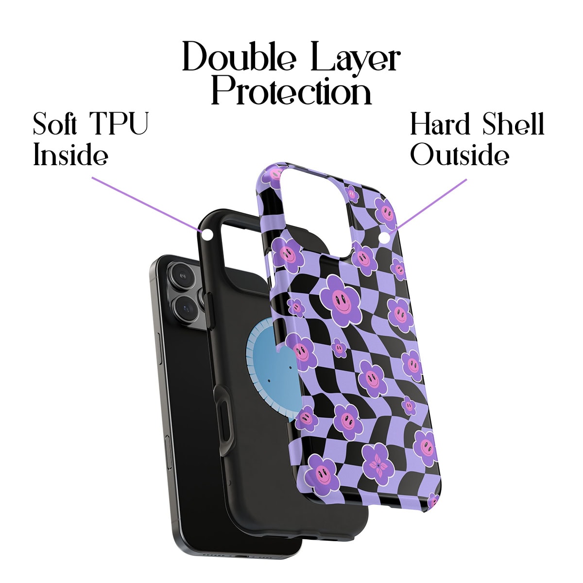 Black iPhone with a purple floral protective case featuring double layer protection, soft TPU inside, and a hard shell outside. Stylish, durable phone cover for ultimate protection.
