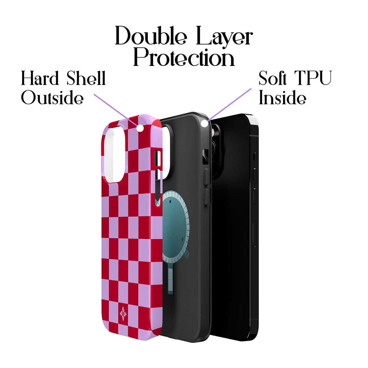 Lightweight phone case with double-layer protection, featuring a hard shell outside and soft TPU inside for impact absorption, compatible with modern smartphones.