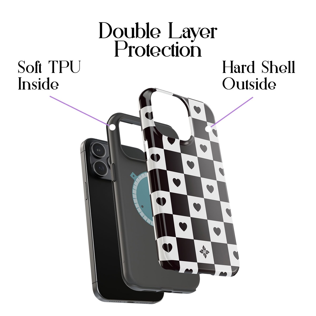 Stylish phone case with double-layer protection, soft TPU interior and hard shell outside, featuring a black and white checkered heart pattern for a trendy look.