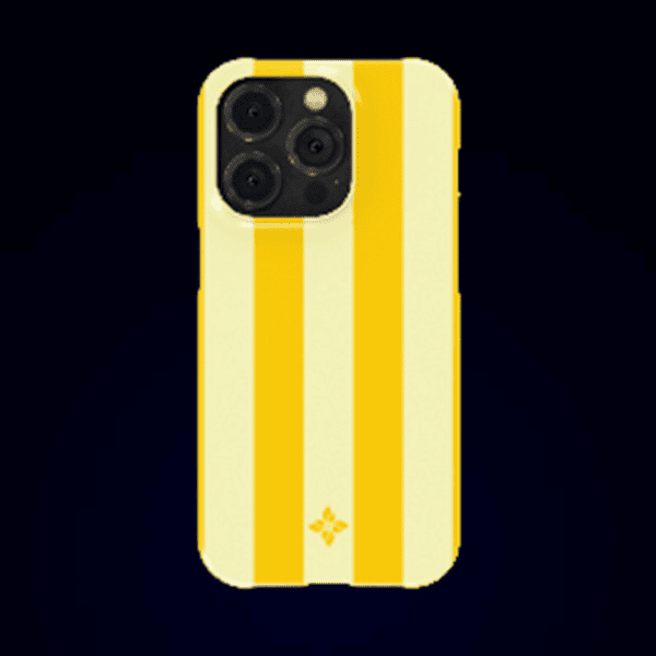 Yellow and white striped phone case with floral logo, designed for iPhone models with triple camera.