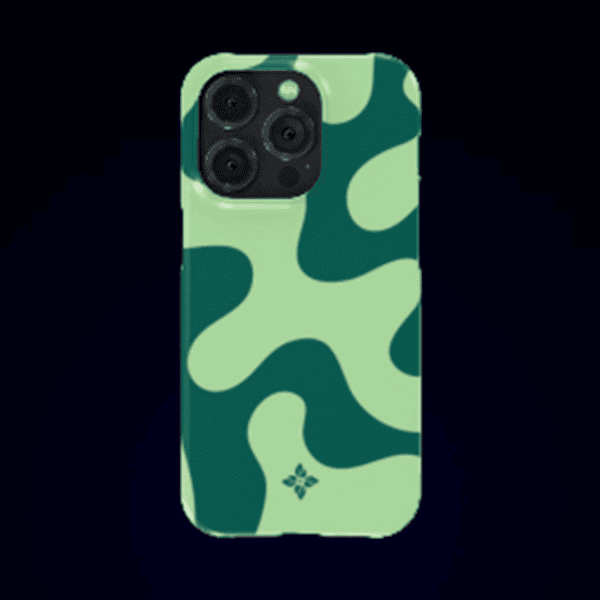 Camouflage-patterned phone case for iPhone with green and dark green abstract design, perfect for stylish tech accessories and personal expression.
