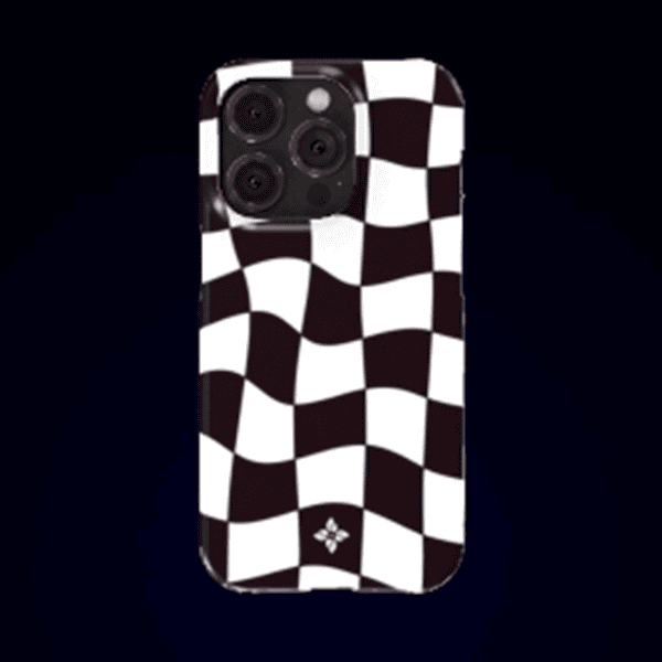 Checkered black and white phone case with camera cutouts, stylish accessory for smartphones, available at Florayn for a unique tech fashion statement.