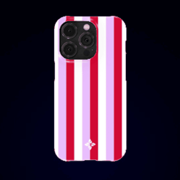 Stripe-patterned phone case with red, pink, and lavender vertical stripes for iPhone, decorative phone accessories, trendy phone protection, colorful phone case design.