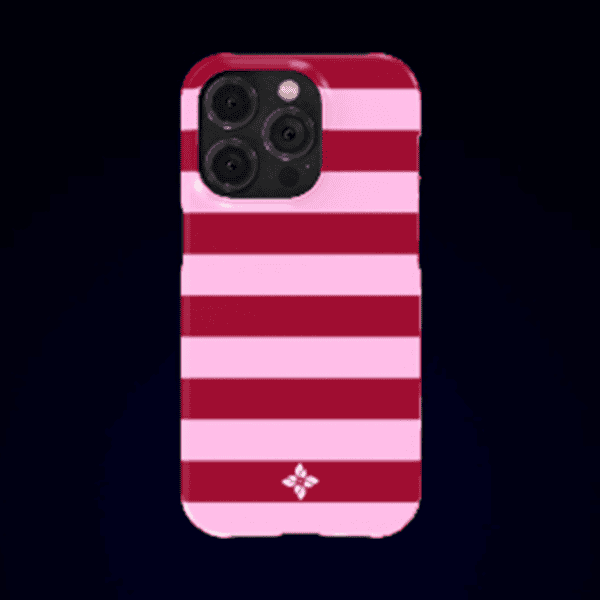 Pink and red striped phone case with floral logo design, perfect for iPhone 13 Pro, from Florayn’s stylish accessory collection.