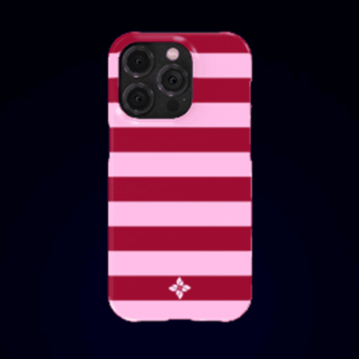 Pink and red striped phone case with floral logo design, perfect for iPhone 13 Pro, from Florayn’s stylish accessory collection.