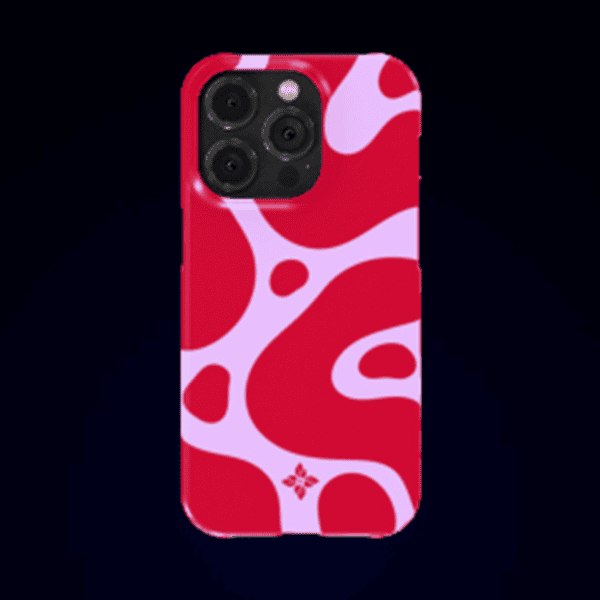 Colorful abstract red and pink patterned phone case for iPhone with camera protection, modern design, stylish accessory, and trendy aesthetic.