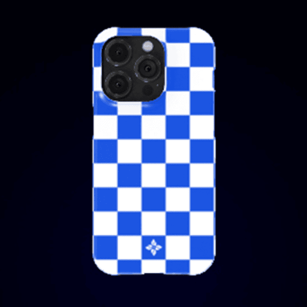 Checkerboard pattern phone case with blue and white squares, designed for iPhone with camera cutout; stylish and protective accessory.
